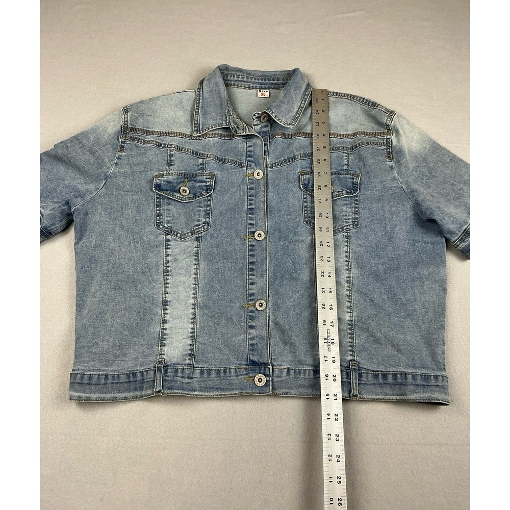 Short Sleeve Denim Jacket Shacket Light Wash Button Up Jean Top Blue Size XL - Picture 8 of 11